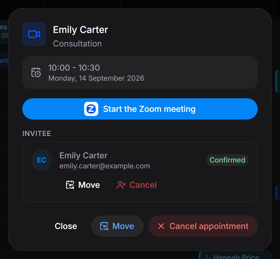 An appointment opened in the host calendar, with a button to start the Zoom meeting