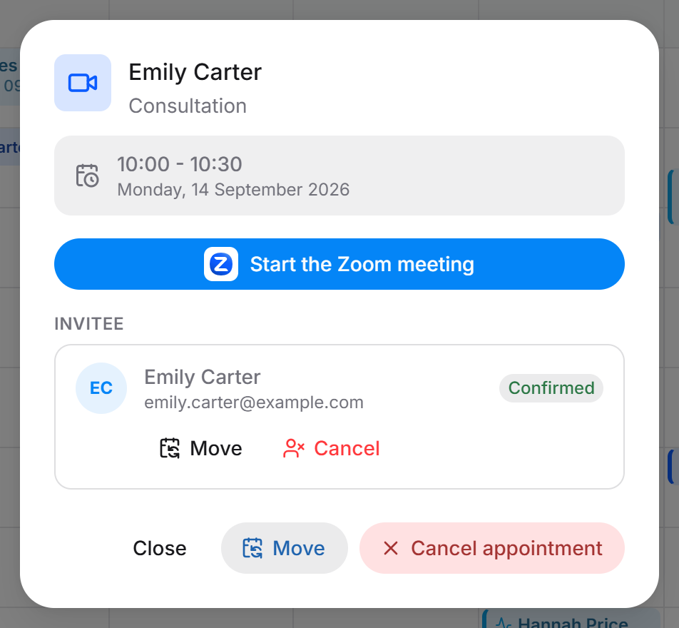 An appointment opened in the host calendar, with a button to start the Zoom meeting