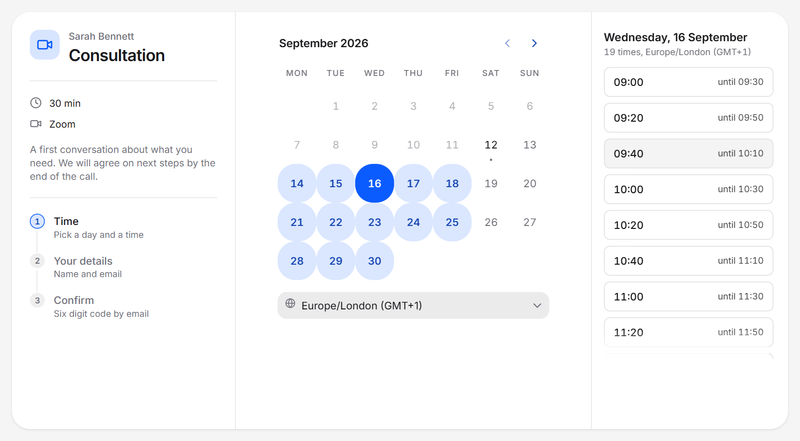 The public booking page with a day selected and the free times listed