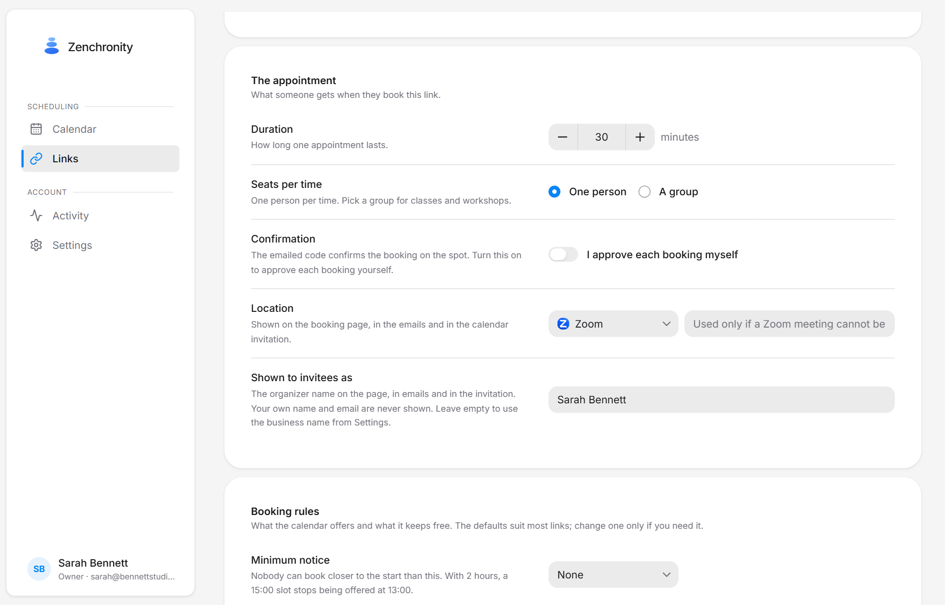 The link editor, with duration, seats, location and the booking rules