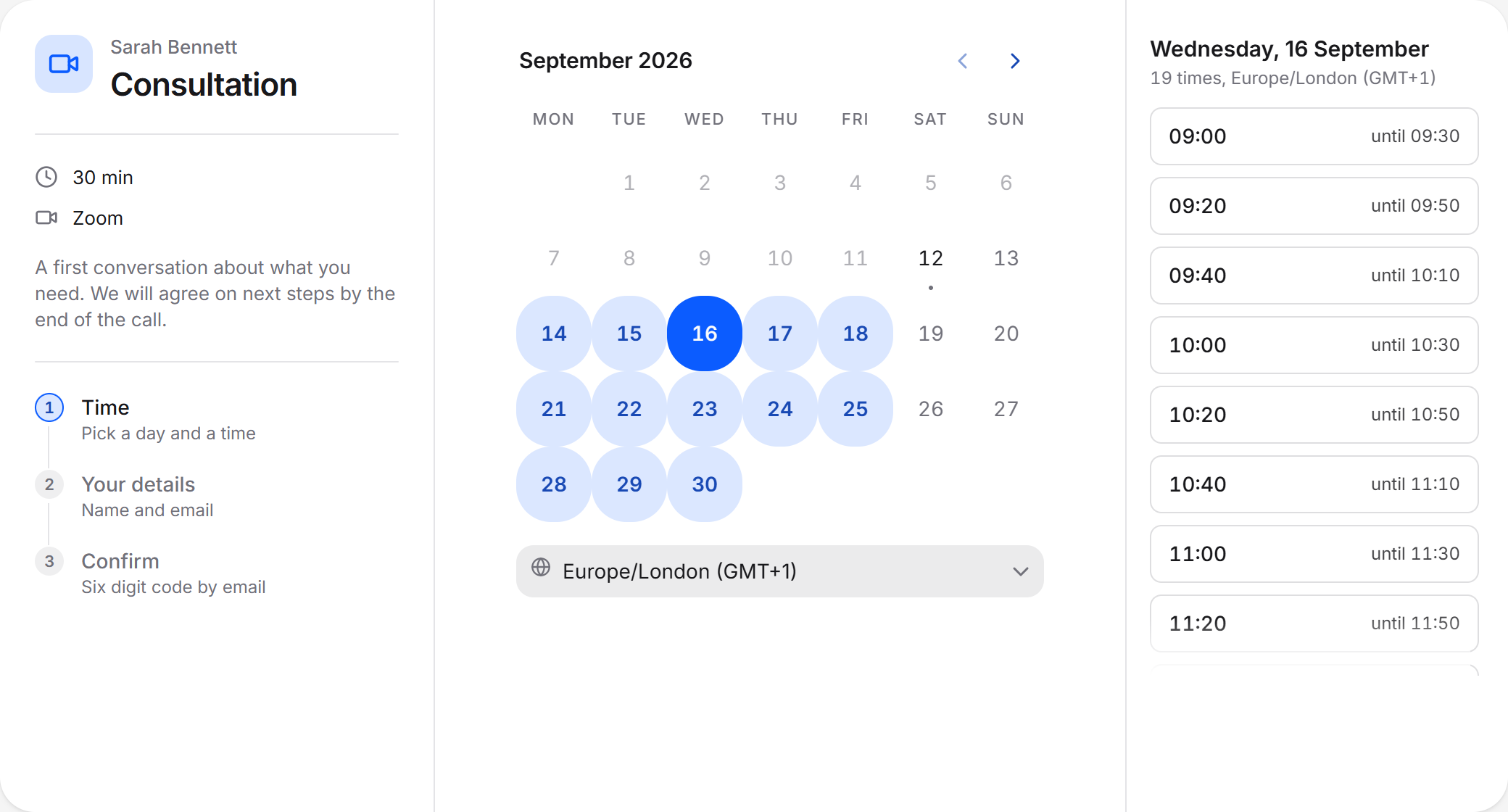 The public booking page with a day selected and the free times listed